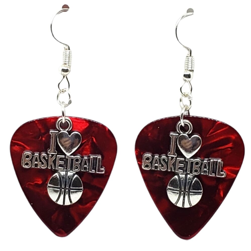 I Love Basketball Charm on Guitar Pick Earrings - Choose Color - Handmade in USA